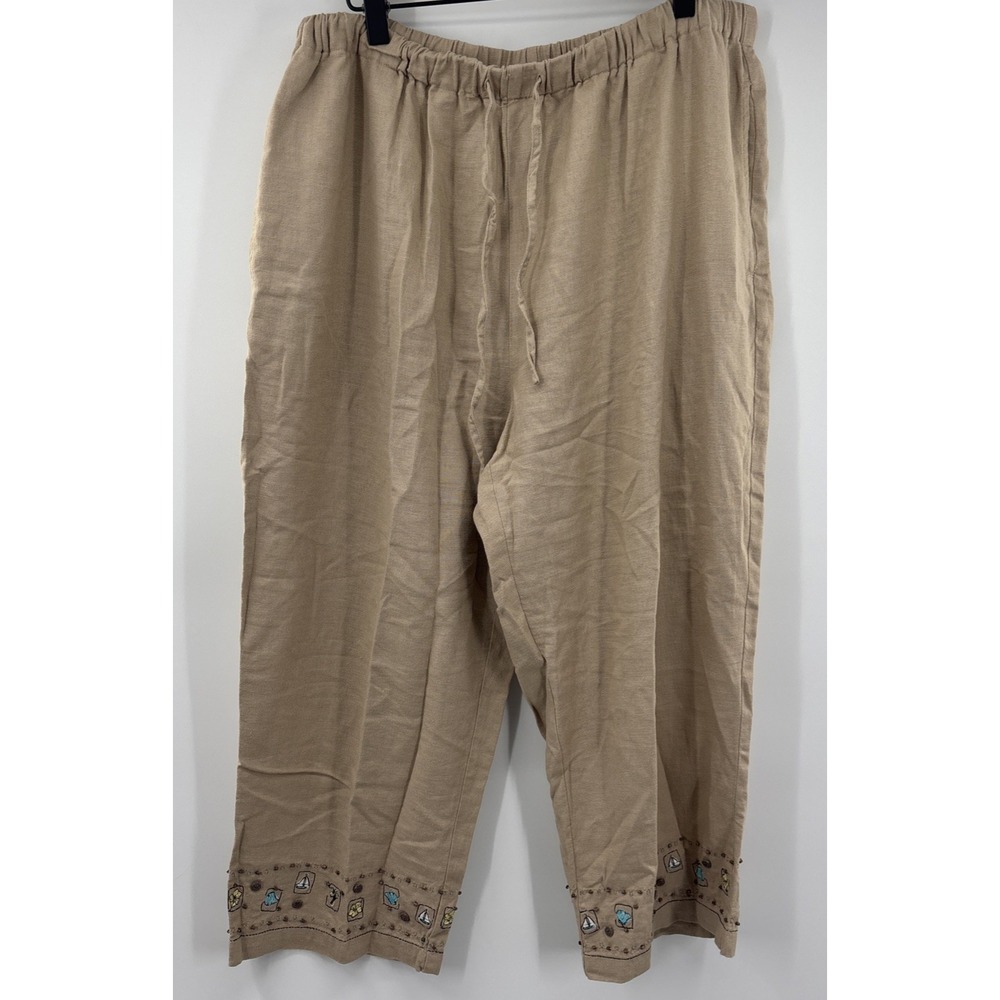 CJ Banks Linen Cotton Wide Leg Pants Womens 14W Beige Neutral‎ Embroidered Boho
